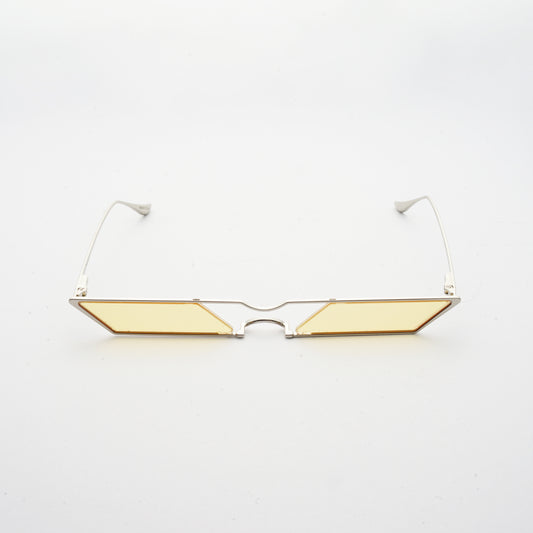 sunglasses with rhombus shaped light yellow lens and silver frames front