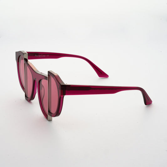 berry red jelly colour acetate frame with matching colour split polaroid lens 45 angled
