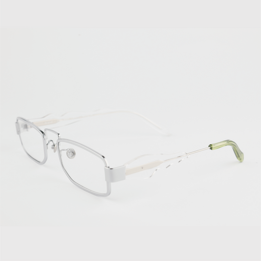 silver colour titanium rectangle optical frame with lime acetate temples tip 45 angled