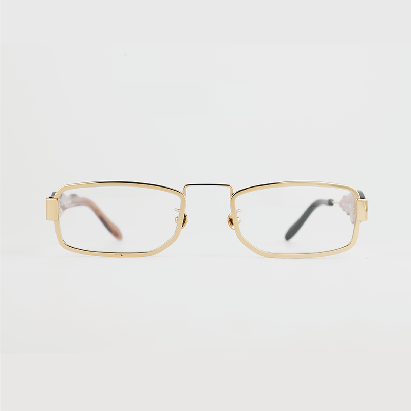 gold colour titanium rectangle optical frame with toffee colour acetate temples and a black tip front