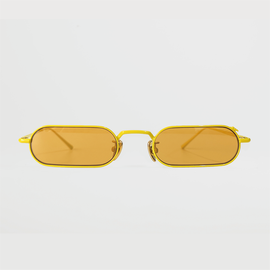 stadium shaped sunglasses with dark yellow lens and yellow stainless steel frame front