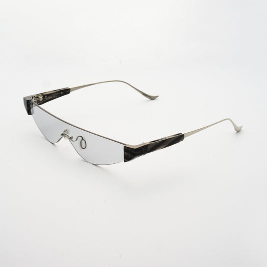 killer goggles style sunglasses with grey one-piece lens and marble hinges 45 angled