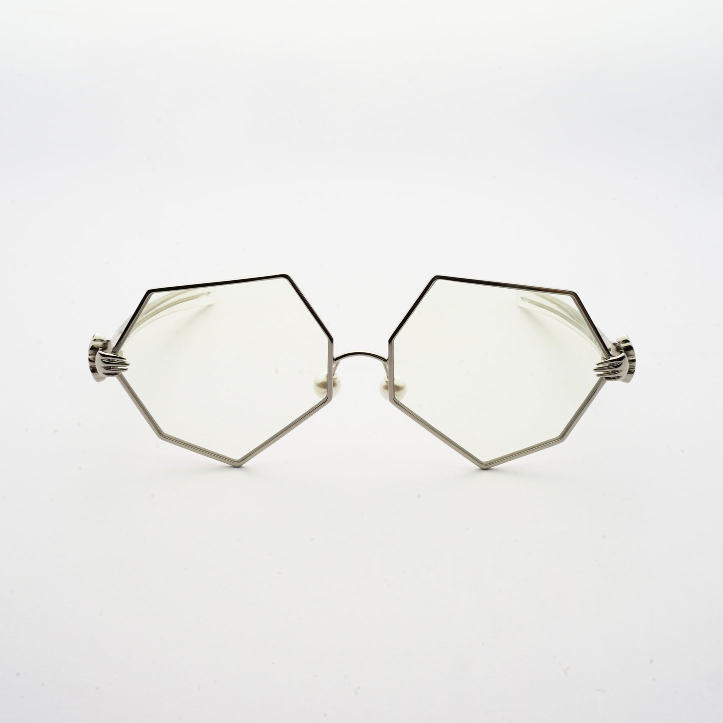 hexagon shaped lens with human hands style hinges and pearl nose pads front