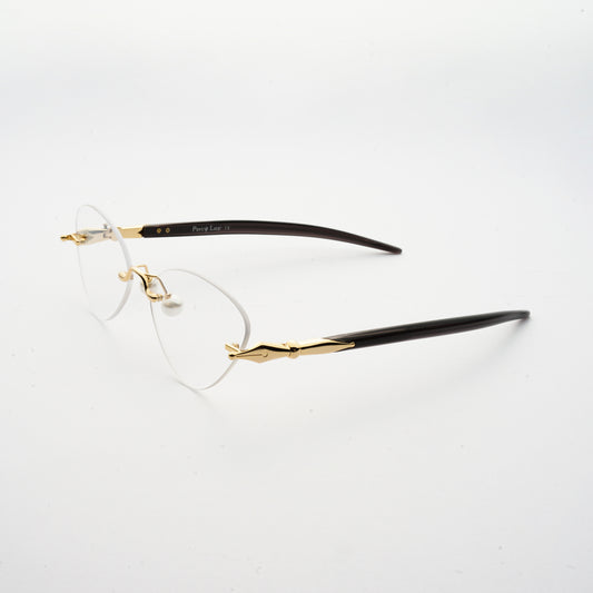 oval shaped lens with pearl nose pads and fountain pen style temples 45 angled