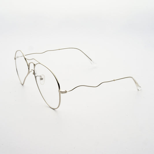 liquified aviator frames in chrome colour with clear nylon lens 45 angled