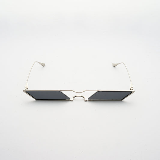 sunglasses with rhombus shaped grey lens and silver frames front