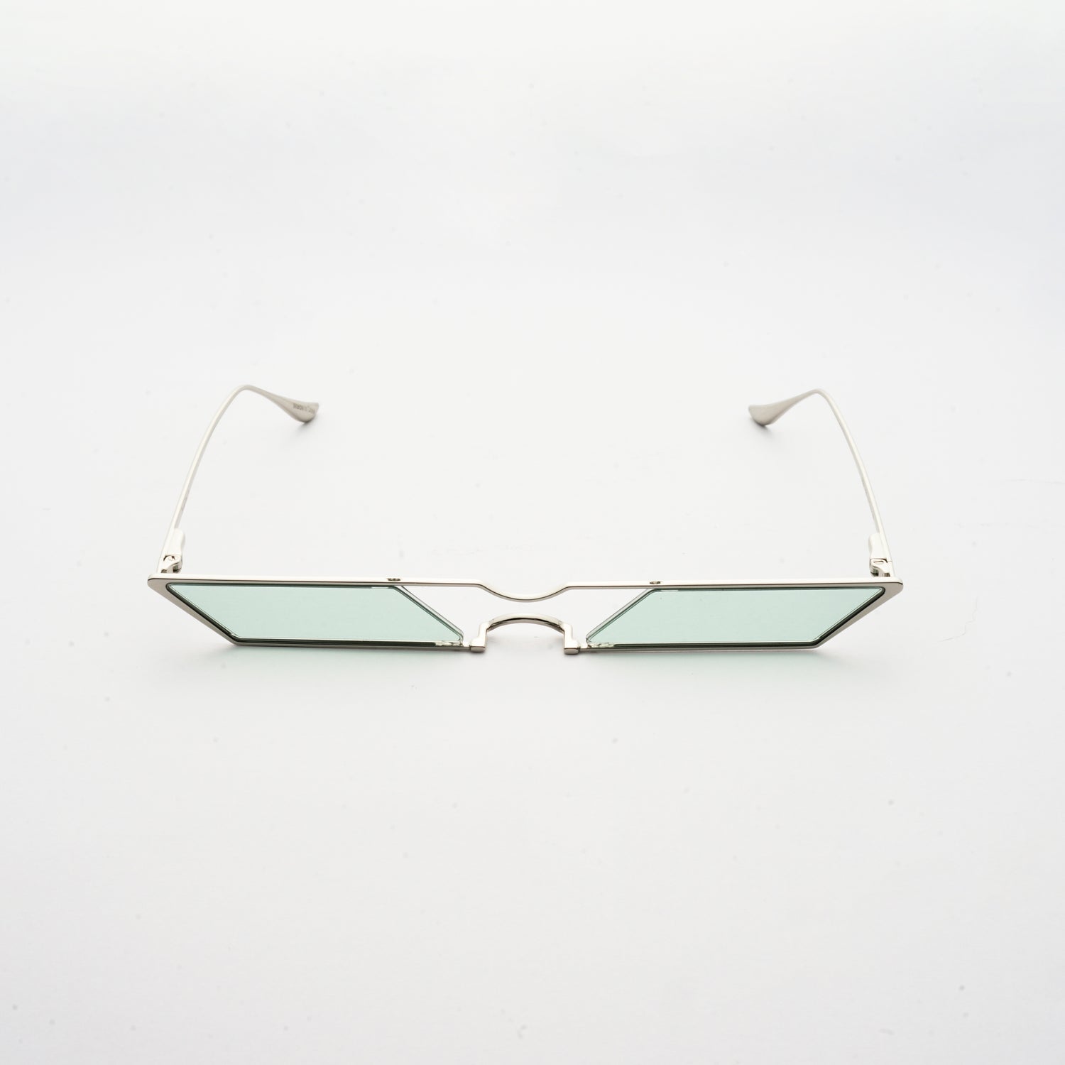 sunglasses with rhombus shaped mint lens and silver frames front
