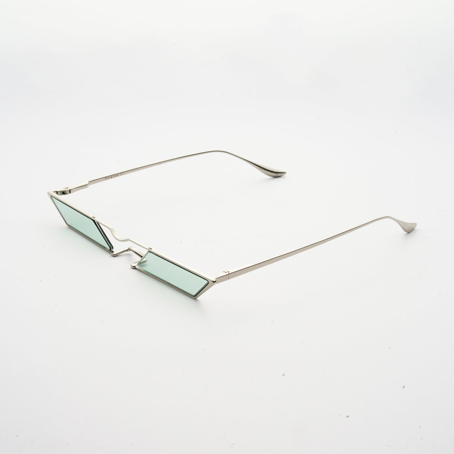 sunglasses with rhombus shaped mint lens and silver frames 45 angled