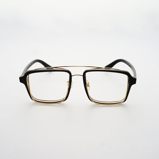 black acetate frame with crossed gold rims and clear nylon lens 45 angled