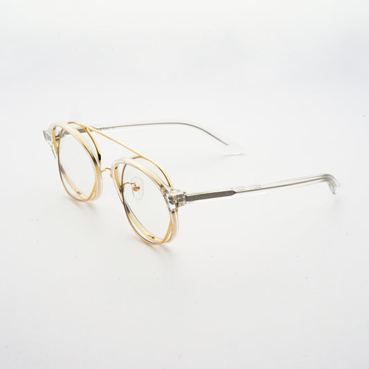 clear acetate round frames with crossed gold rims and clear nylon lens 45 angled