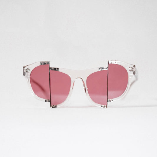 clear acetate frame with dark pink split polaroid lens front