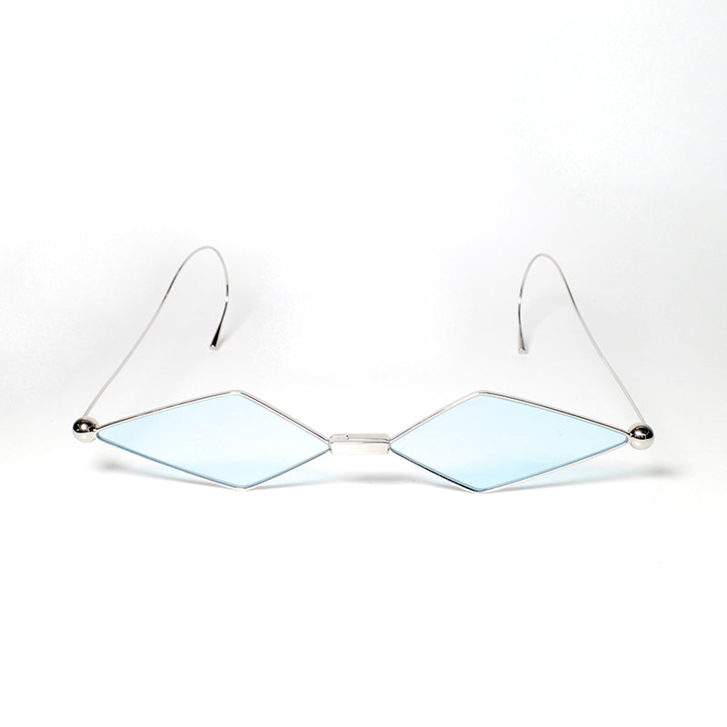 sunglasses with kite shaped light blue colour lens and silver frames front