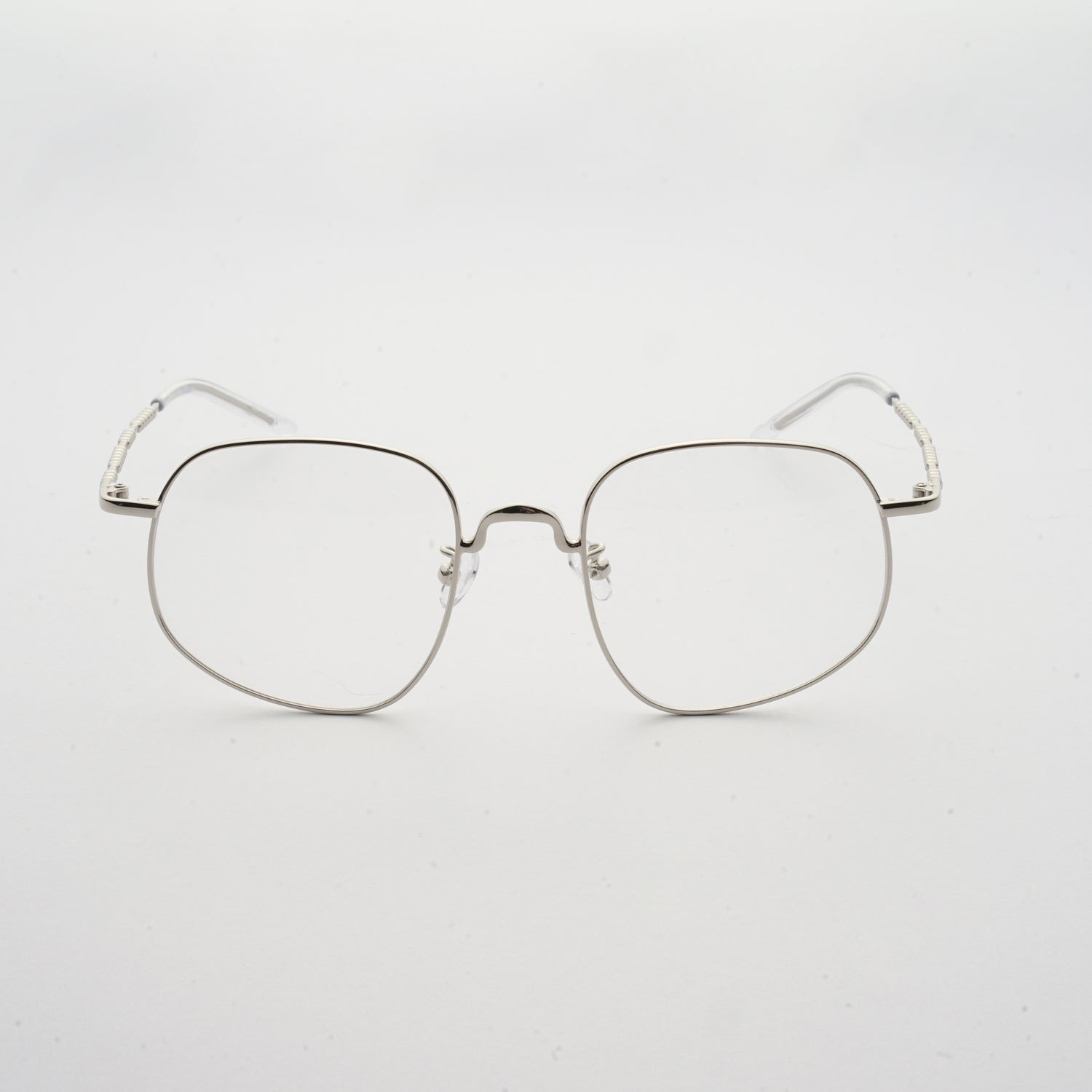 chrome colour stainless steel optical frame with morse code details on the temples front