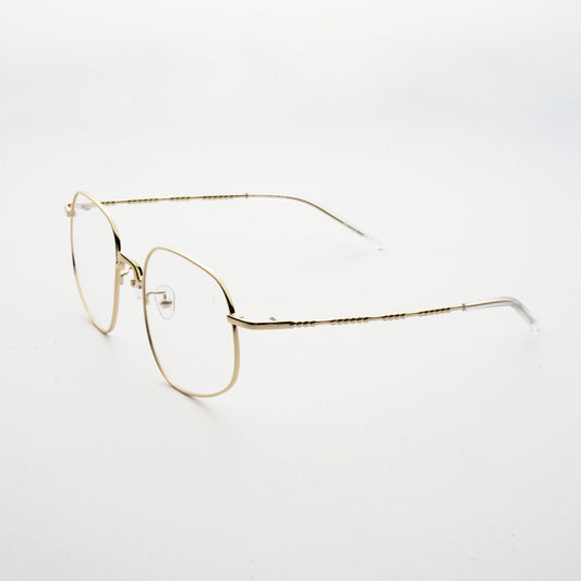 pale gold colour stainless steel optical frame with morse code details on the temples 45 angled